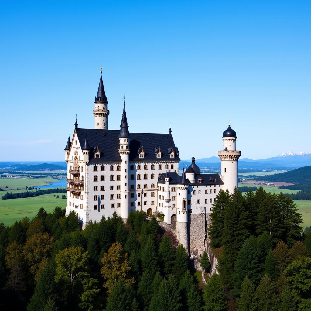 Lâu đài Neuschwanstein ở Đức sừng sững trên một ngọn đồi phủ đầy cây cối, với những tháp nhọn và mặt tiền trắng tinh khôi nổi bật trên nền trời xanh.