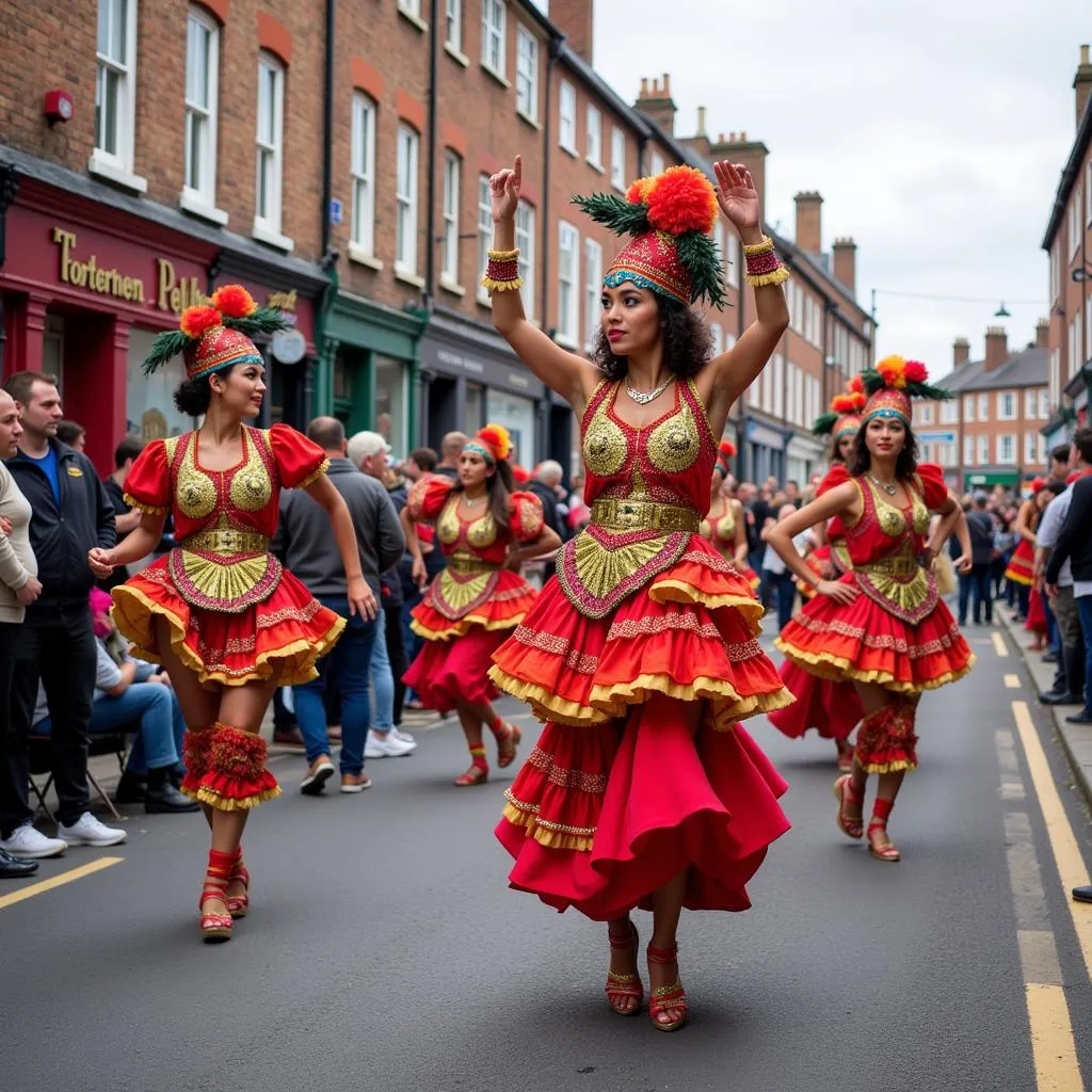 Những vũ công trong trang phục rực rỡ biểu diễn trên phố tại lễ hội Oxford Carnival 2024