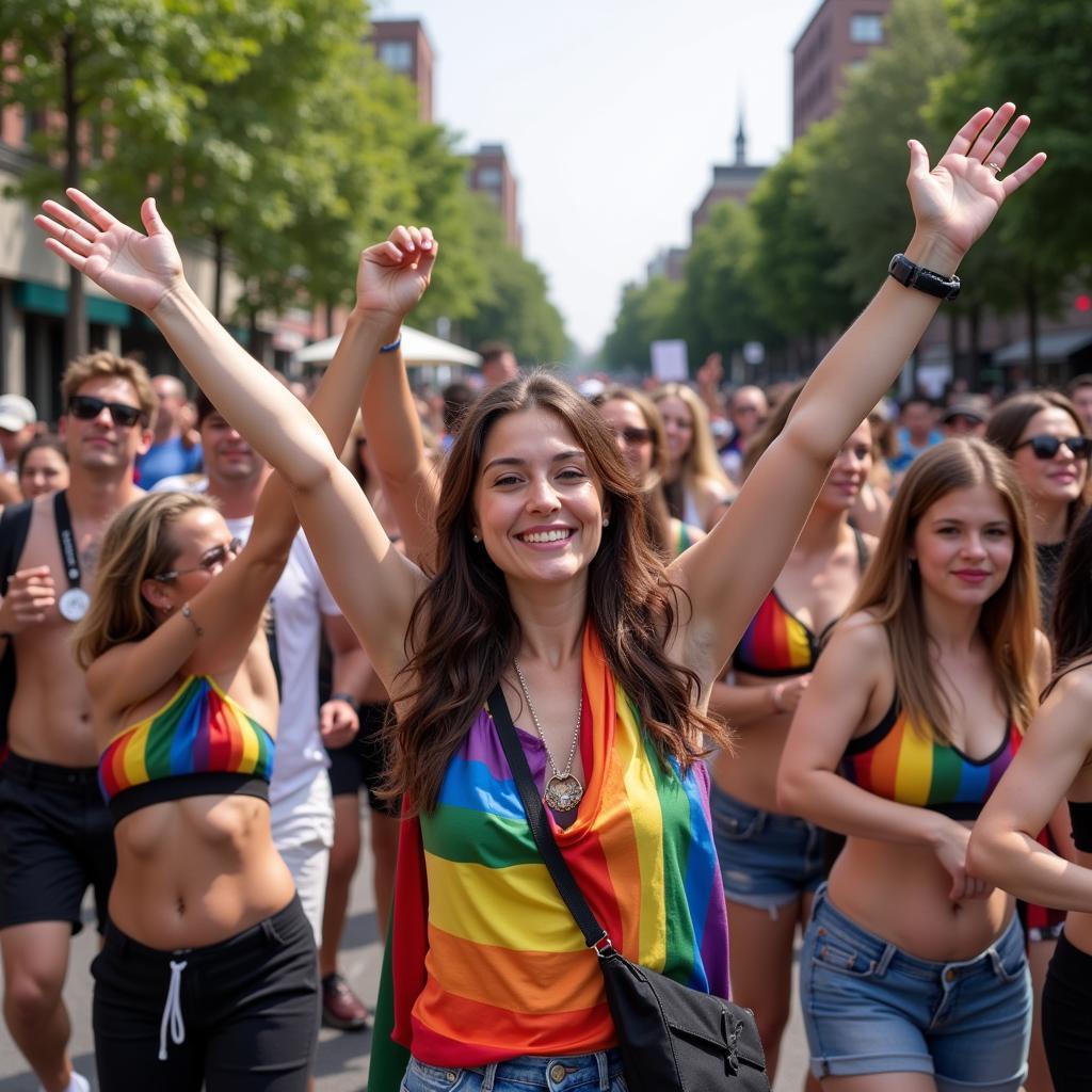 A vibrant LGBTQ+ Pride parade filled with colorful floats and enthusiastic participants