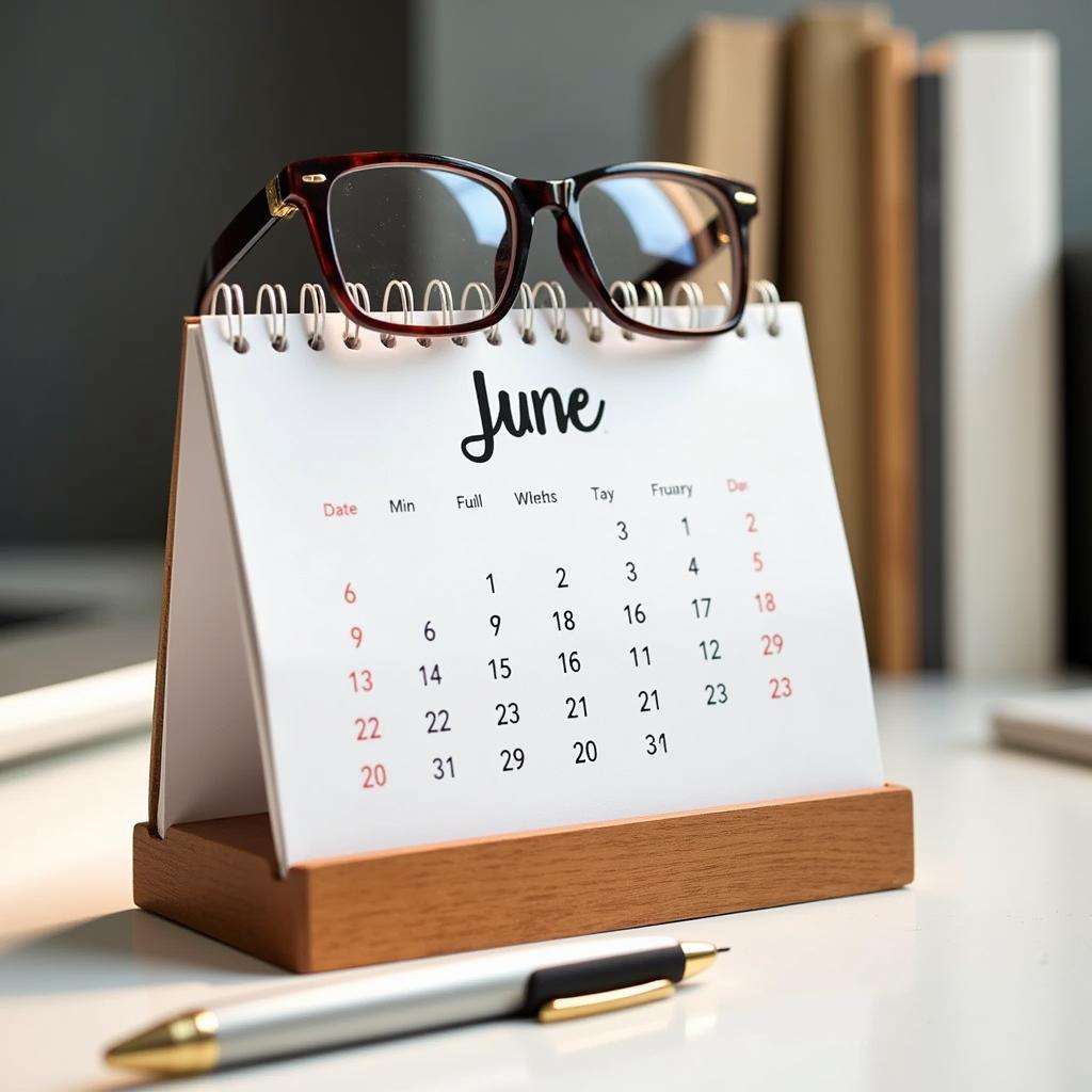 A desk calendar open to the month of June, sitting on a wooden desk