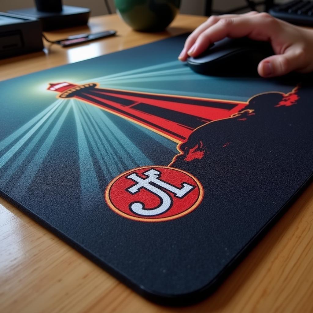 Lighthouse mouse pad với logo Đội Bóng Đá, màu sắc đội bóng, biểu tượng hy vọng và dẫn đường.