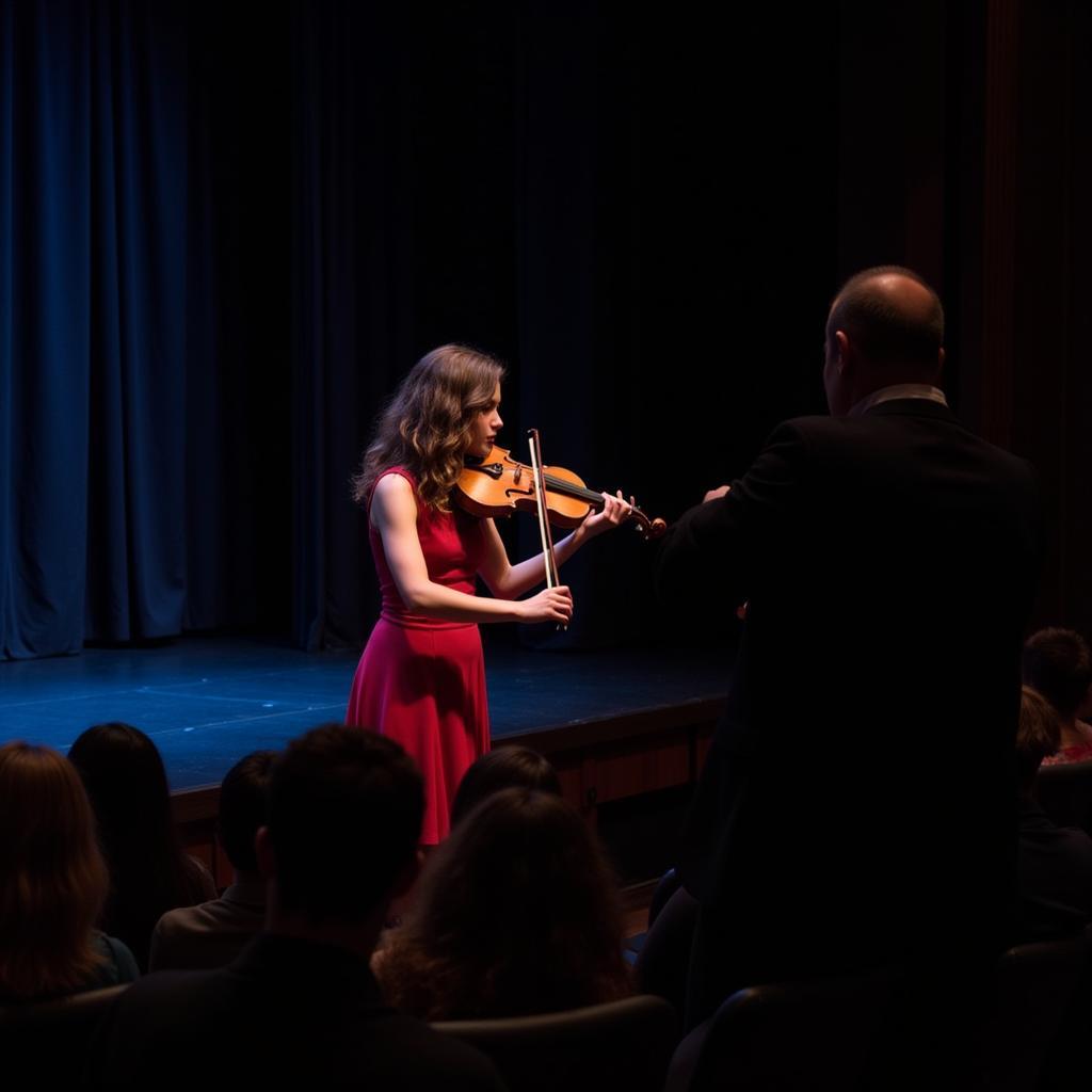 Lily Singer performing on stage with a mysterious figure lurking in the shadows 