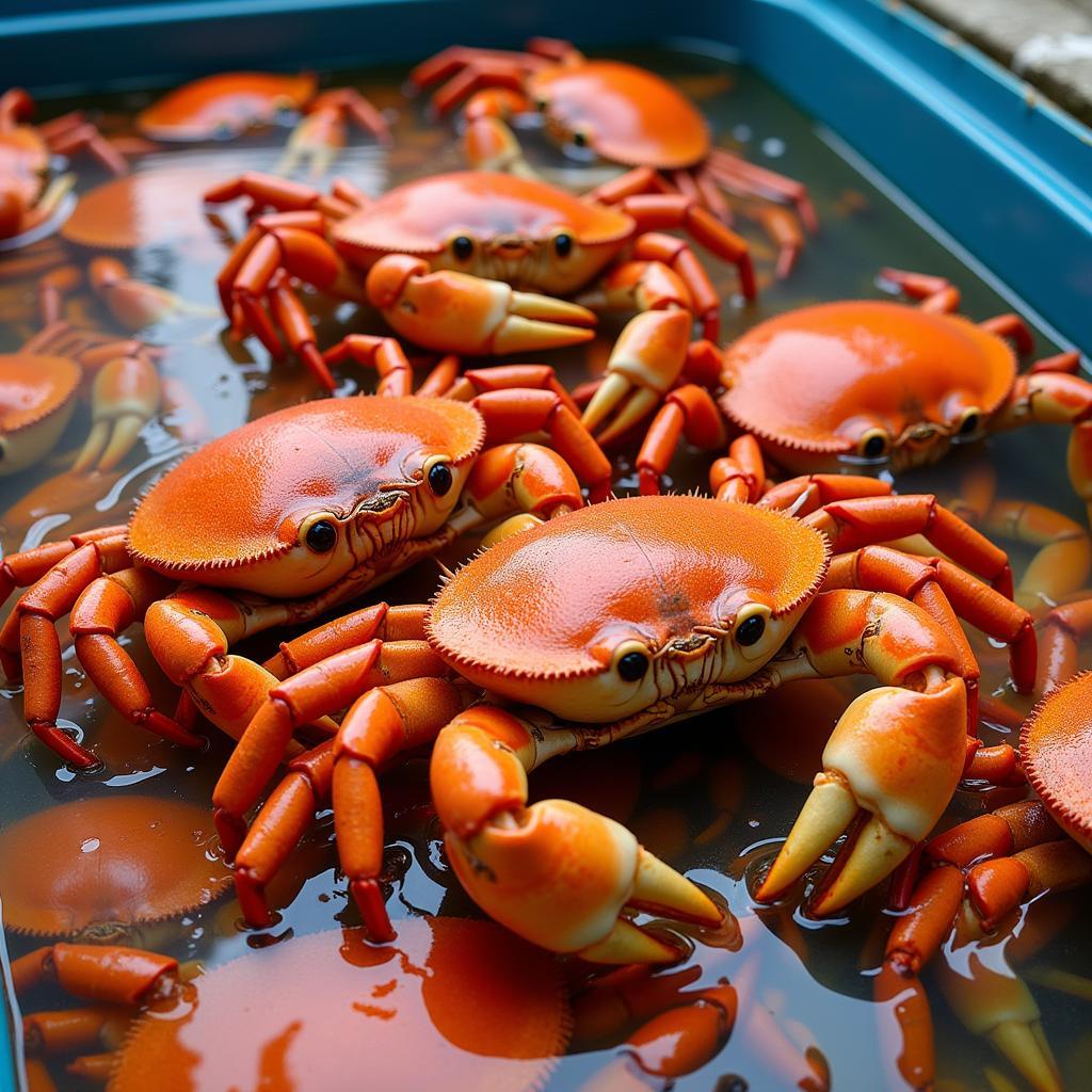 Live Hairy Crabs in a Tank at a Market