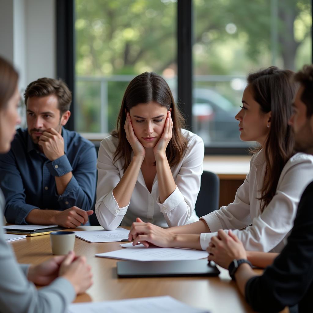 Woman feeling anxious in a meeting