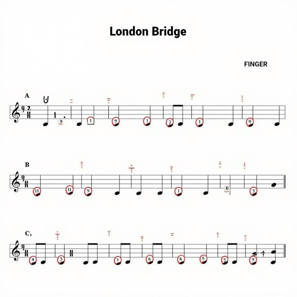 London Bridge piano sheet with finger placement guide