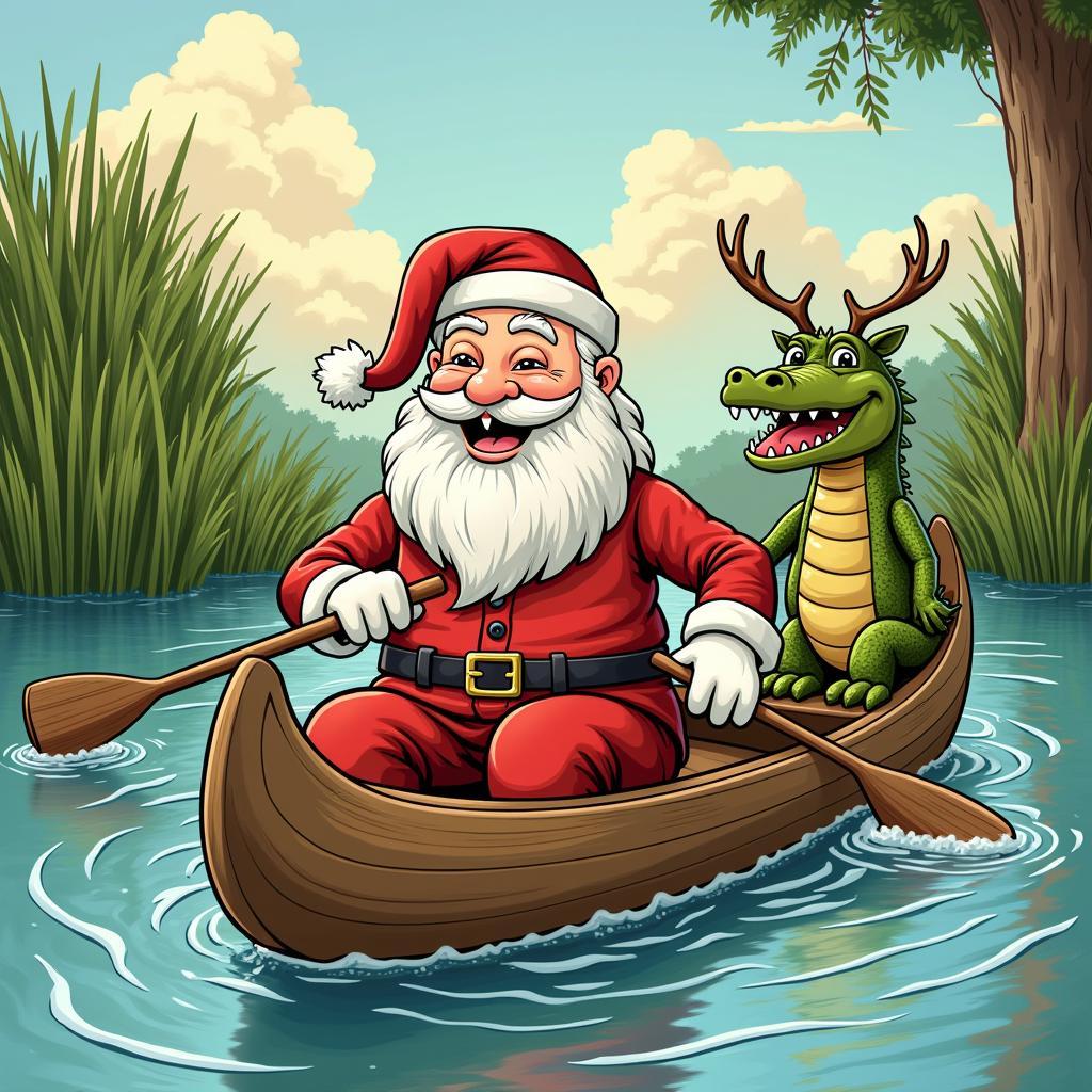 Louisiana Christmas card with Cajun Santa and alligator