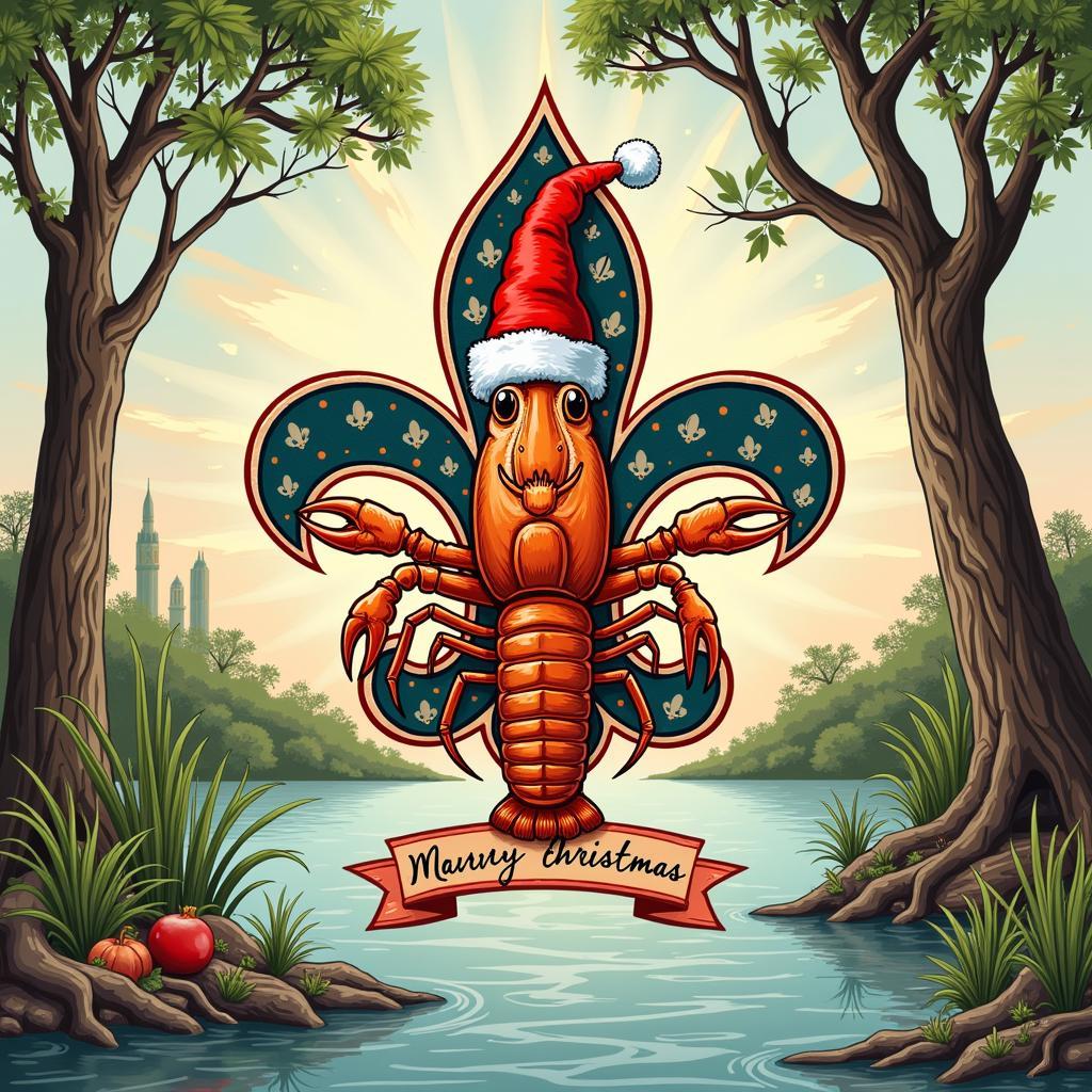 Louisiana Christmas card featuring fleur-de-lis and crawfish