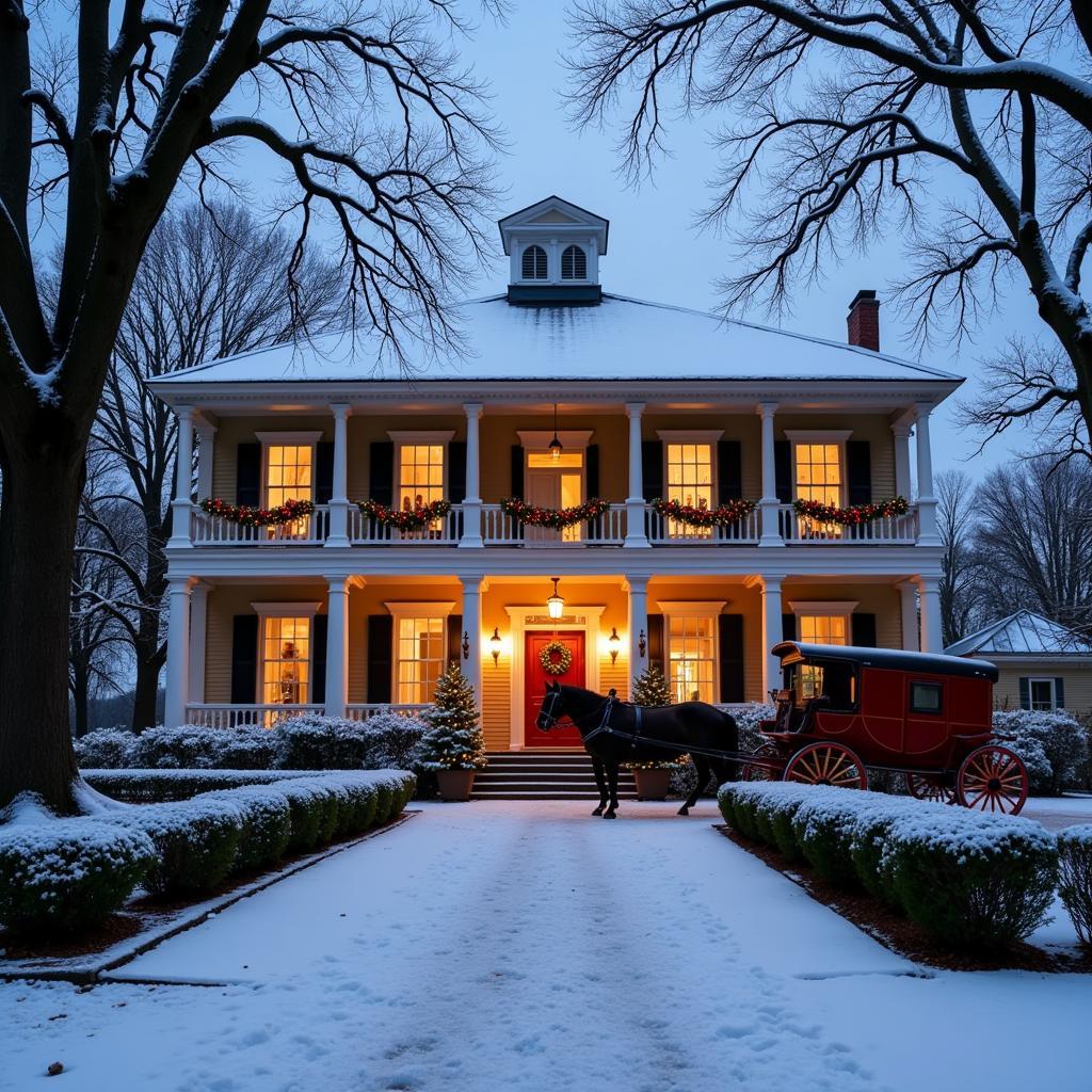 Louisiana Christmas card depicting a plantation home in the snow