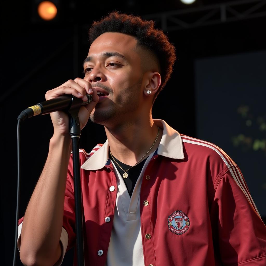 Loyle Carner performing on stage in a vintage football shirt