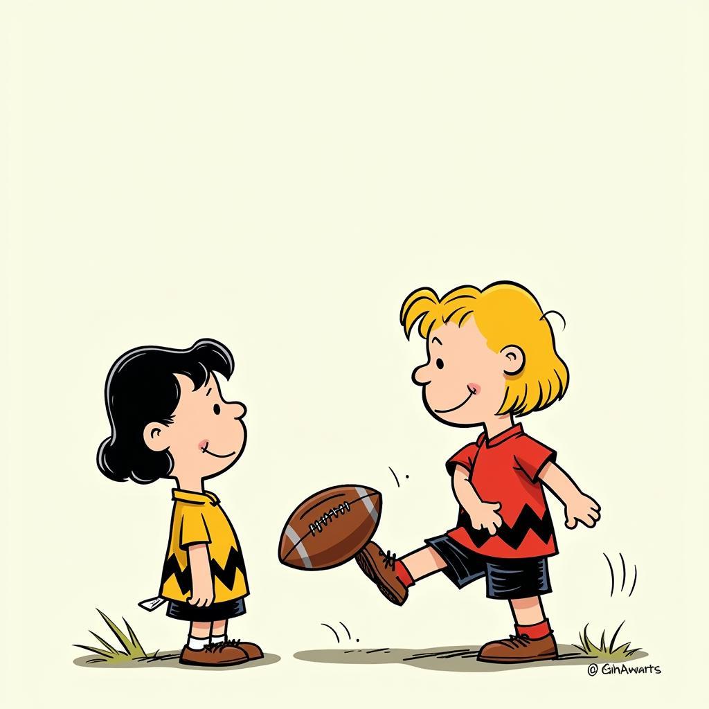 Lucy pulling away the football as Charlie Brown attempts to kick it, showcasing a classic Peanuts moment. 