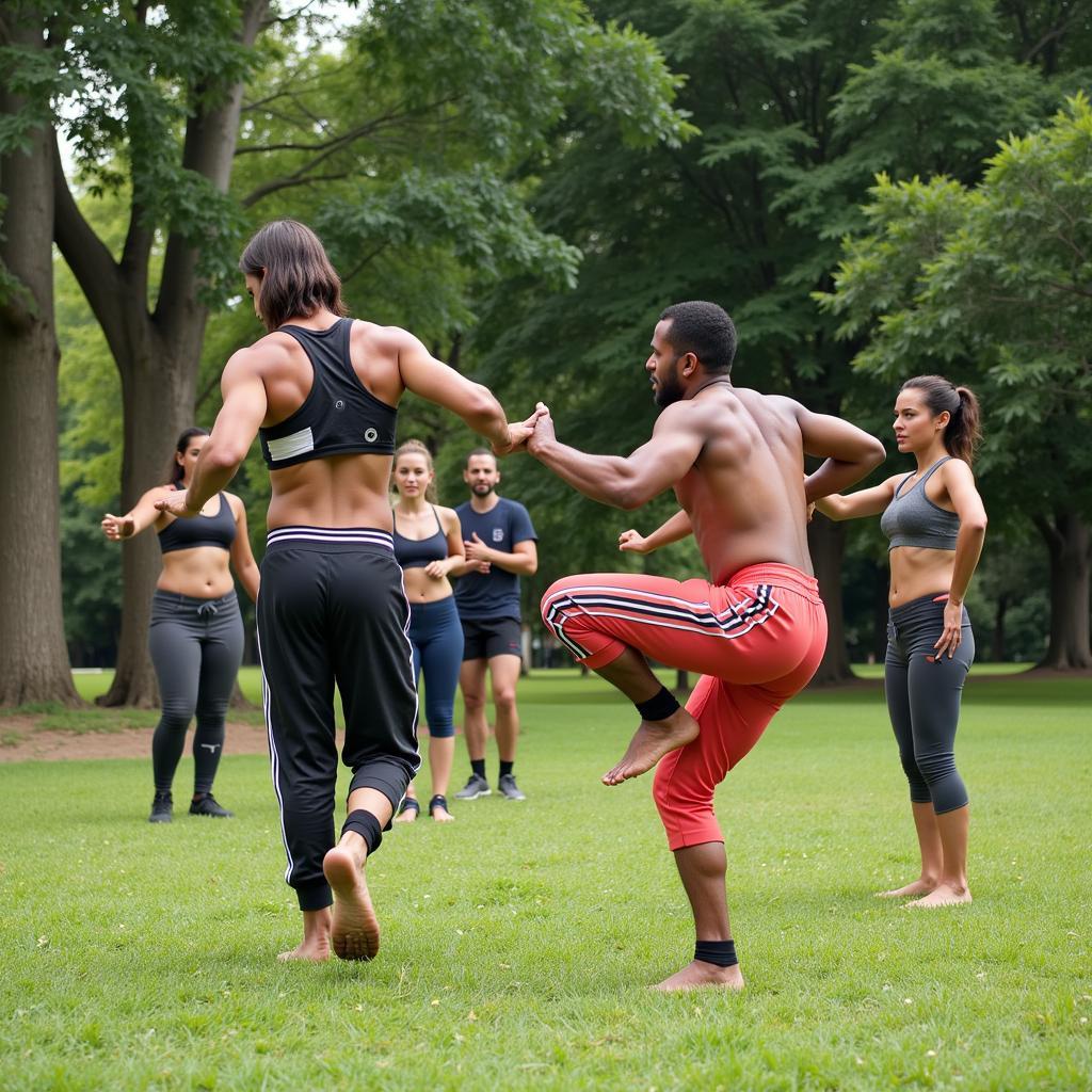 Capoeira practitioners training in a park