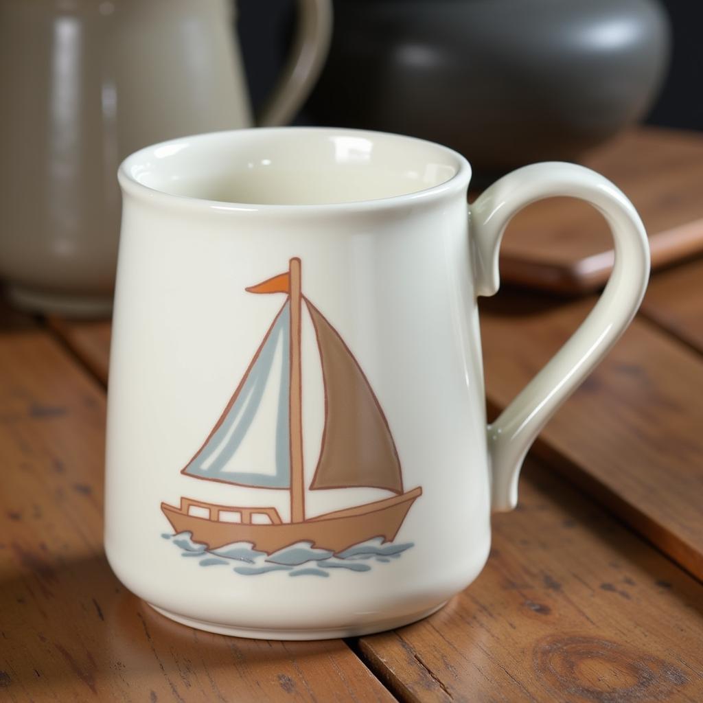 White ceramic sailboat mug with glossy glaze