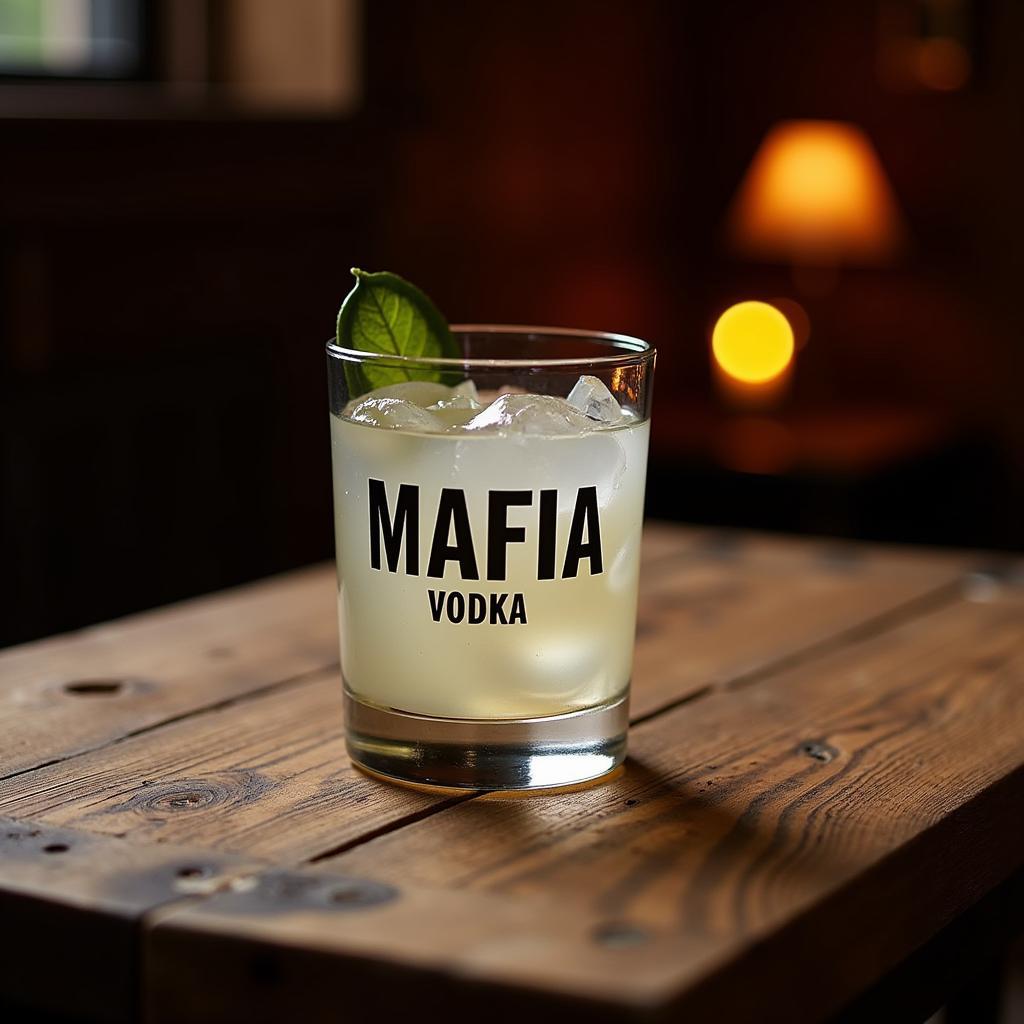 Ly cốc Mafia Vodka đặt trên bàn gỗ