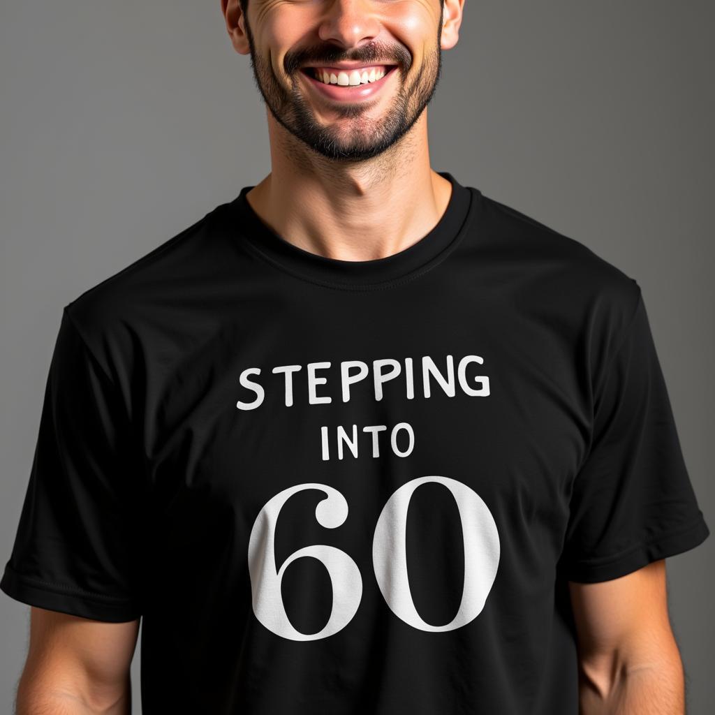 Man Proudly Wearing a "Stepping into 60" T-shirt