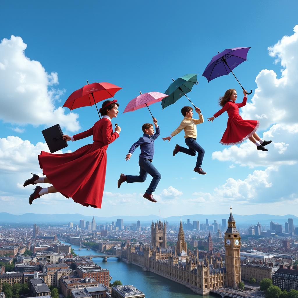 Mary Poppins and the children flying over London skyline