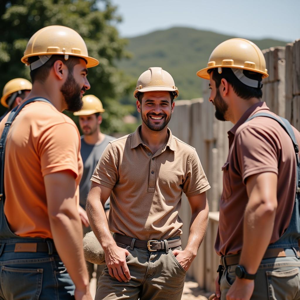 A mason sharing a laugh with coworkers while on a break at a construction site