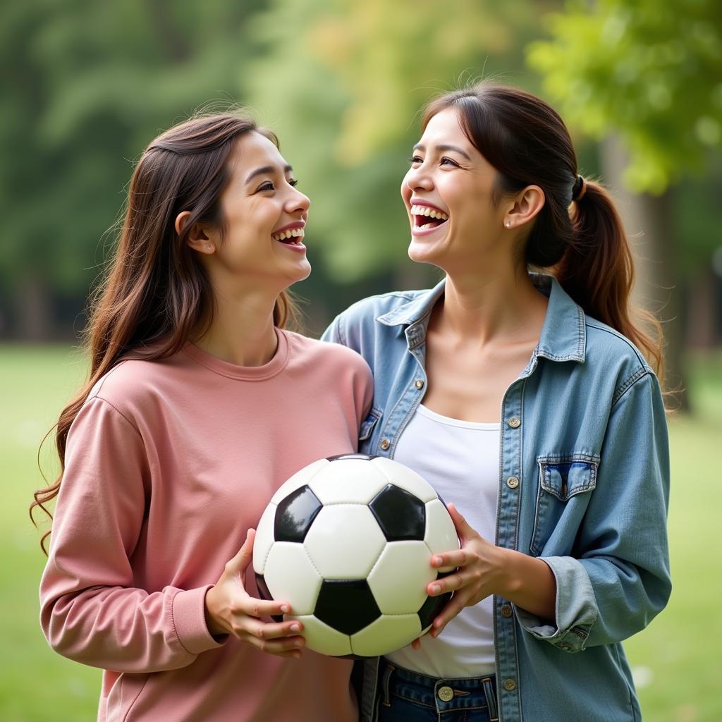 Mother and Daughter Laughing with Soccer Ball