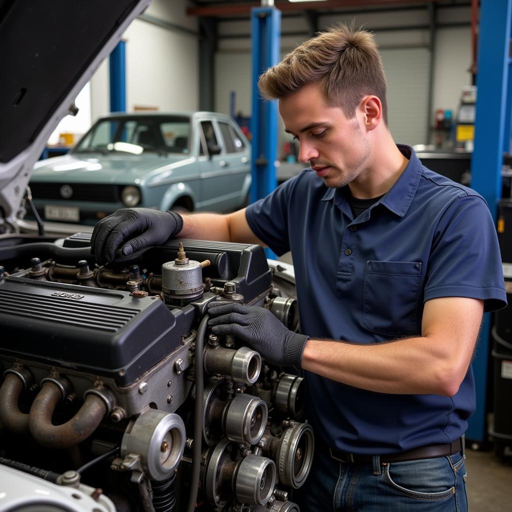 Professional Mechanic Inspecting a Volkswagen Diesel Engine