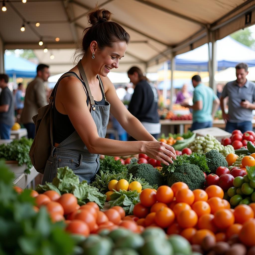 Melanie Moss selecting fresh produce at a local farmers market