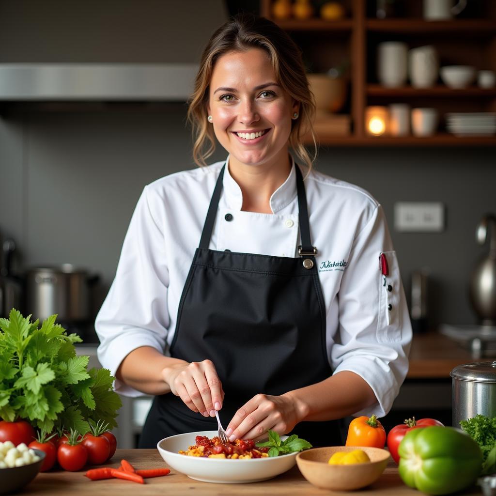 Melanie Moss preparing a dish in her kitchen