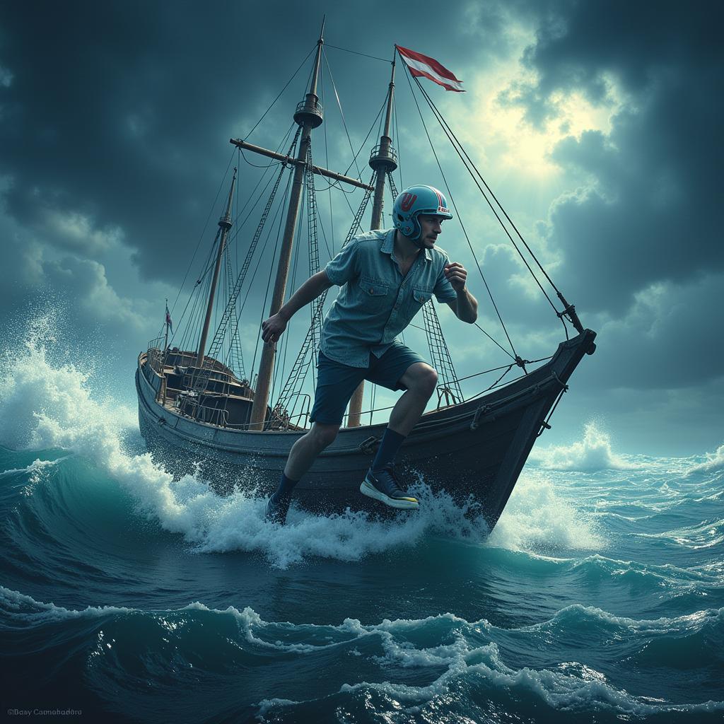 Captain Leading a Glass Ship Through Stormy Seas