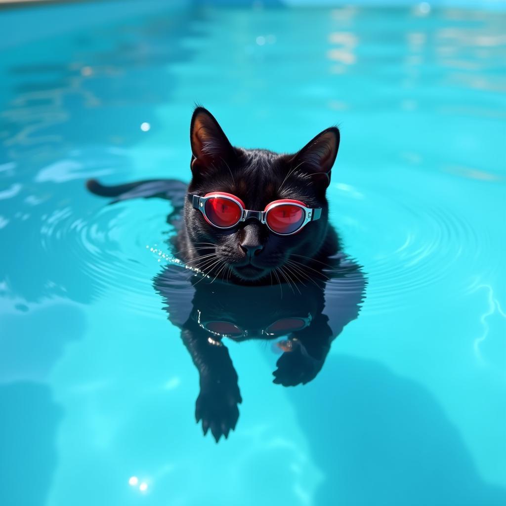 Cat Swimming in a Pool with Goggles