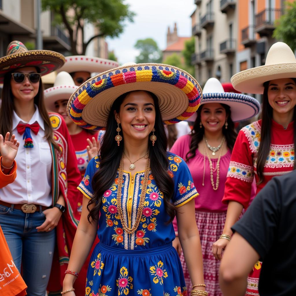 Festive Scene with People Wearing Colorful Sombreros