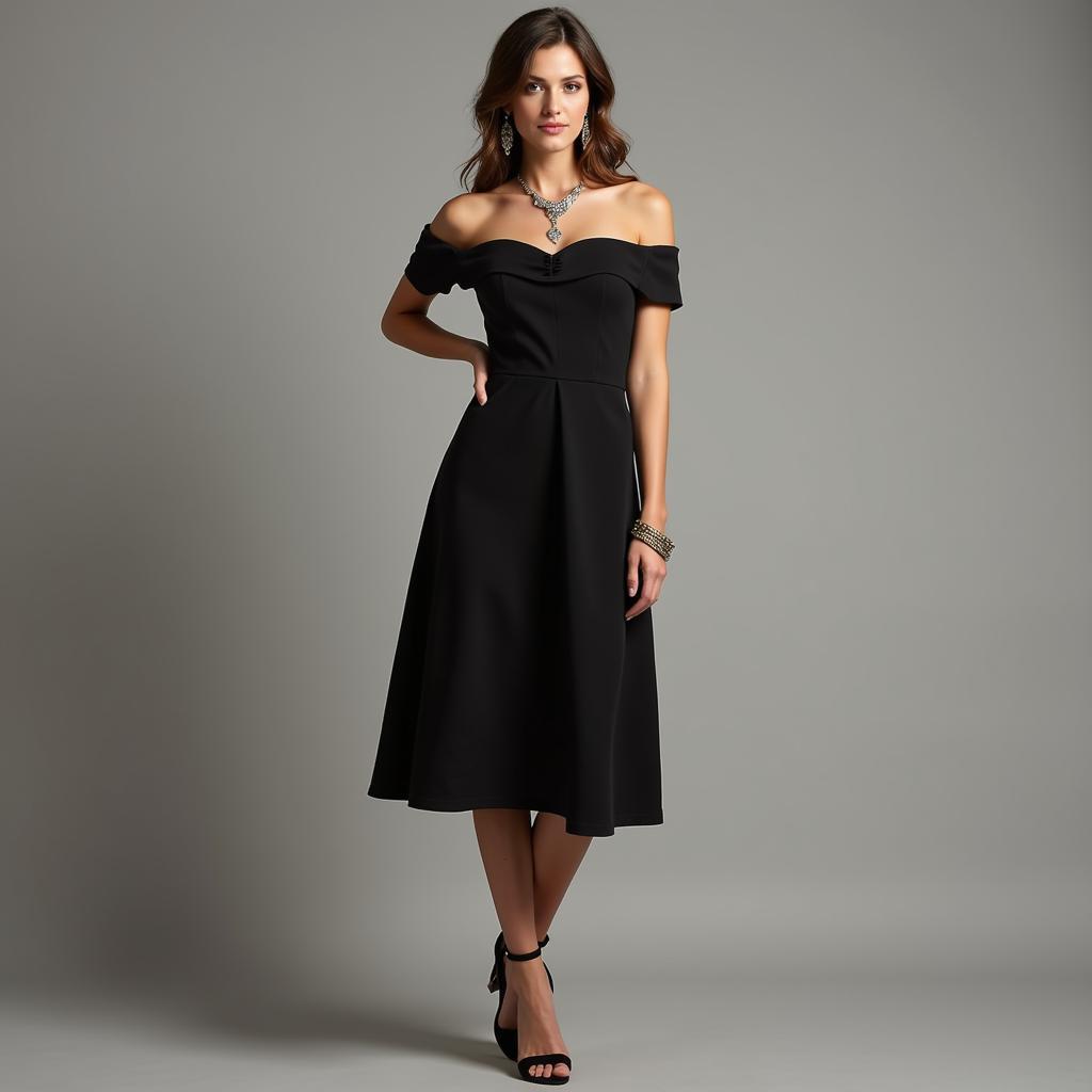 Minimalist black dress styled for an evening event