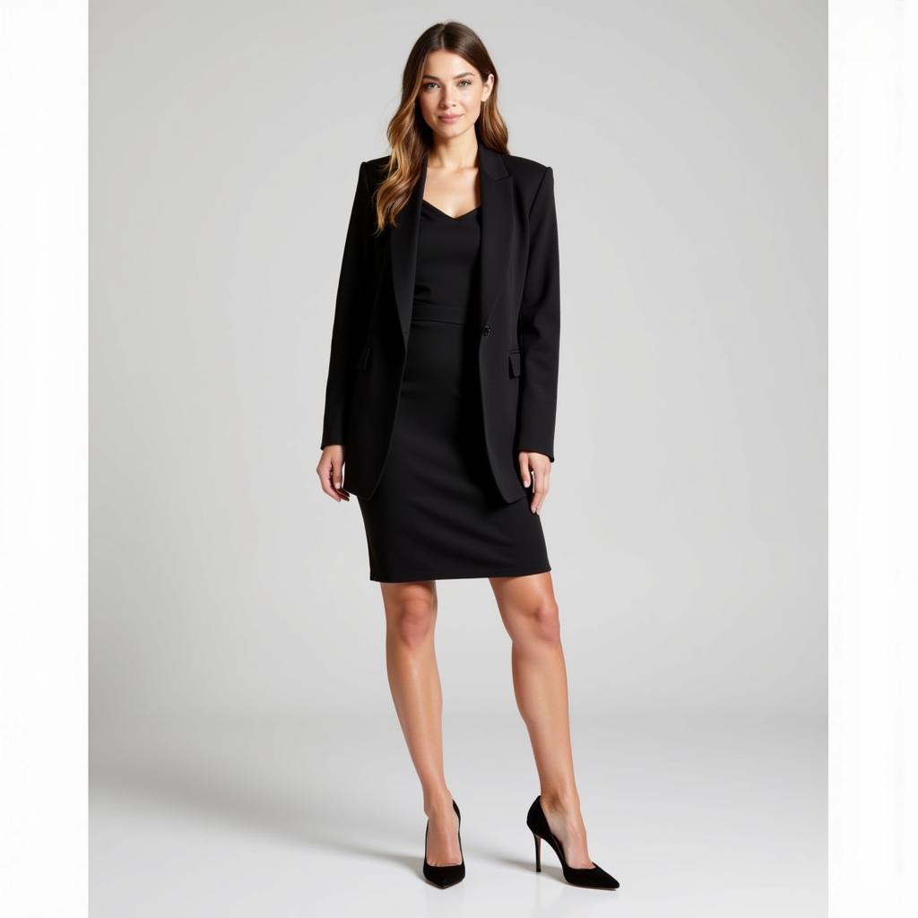 Minimalist black dress styled for the office