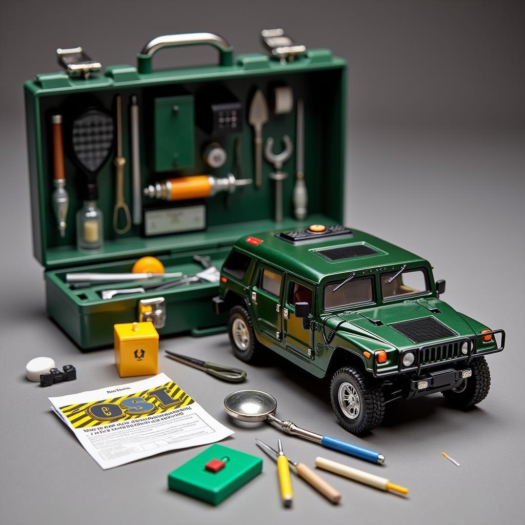 A CSI Hummer model and a forensic toolkit are displayed.