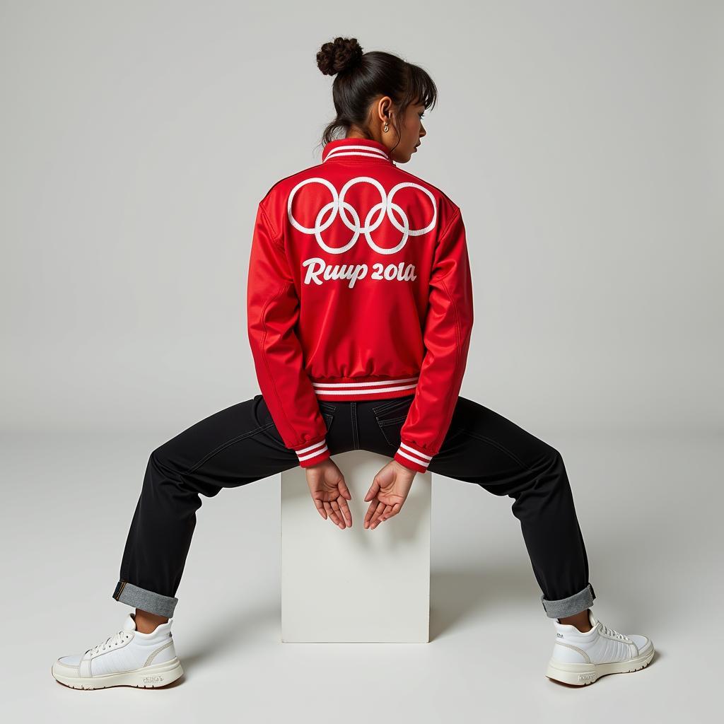 A model wearing an Olympic vintage jacket