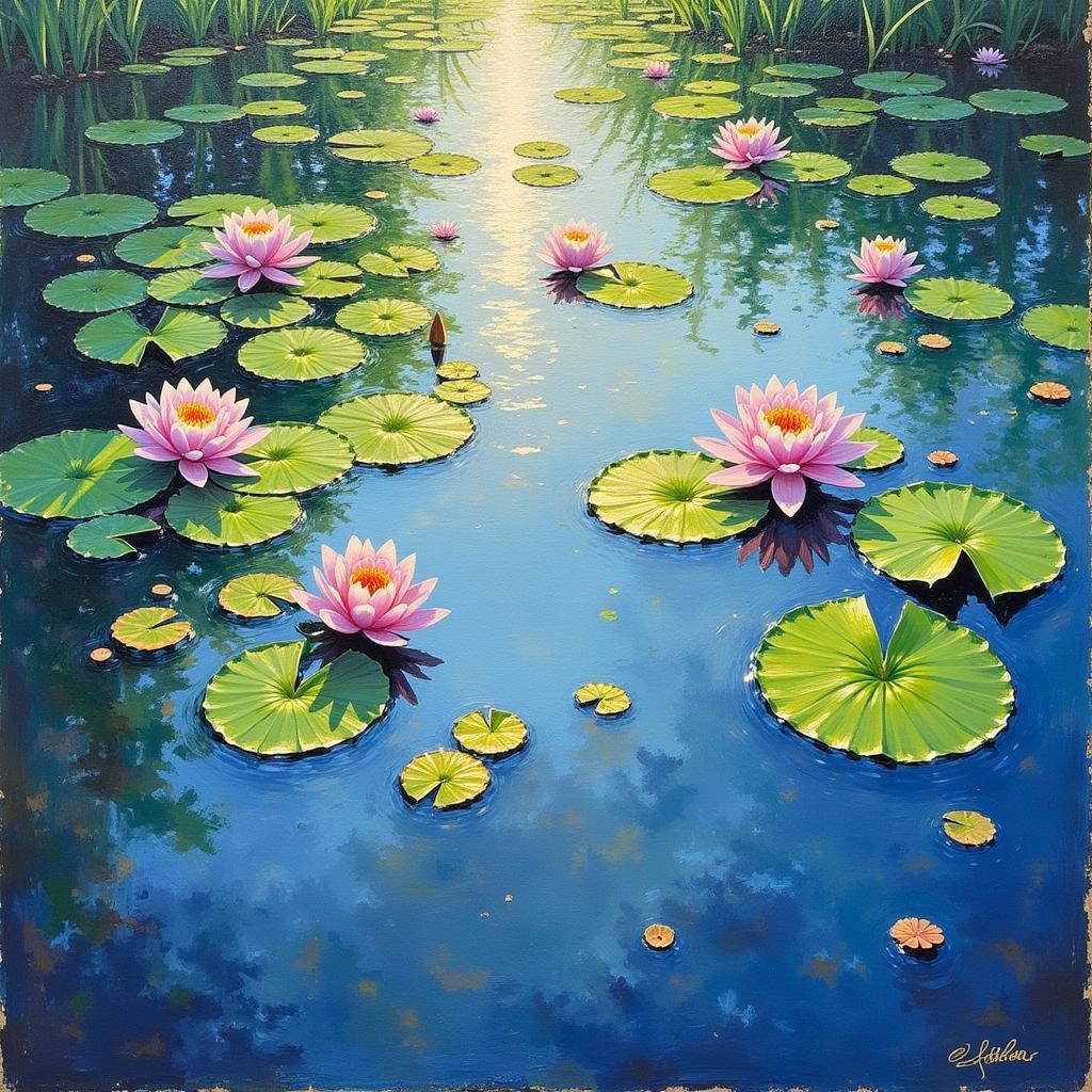 Monet oil painting depicting water lilies