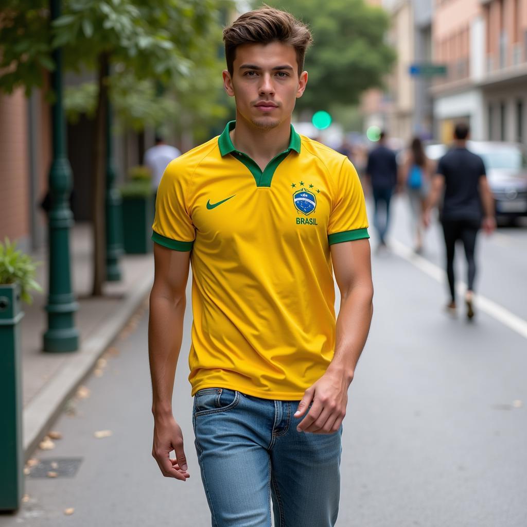 Một bạn trẻ diện áo Brazil Rugby Jersey với quần jeans đi dạo phố