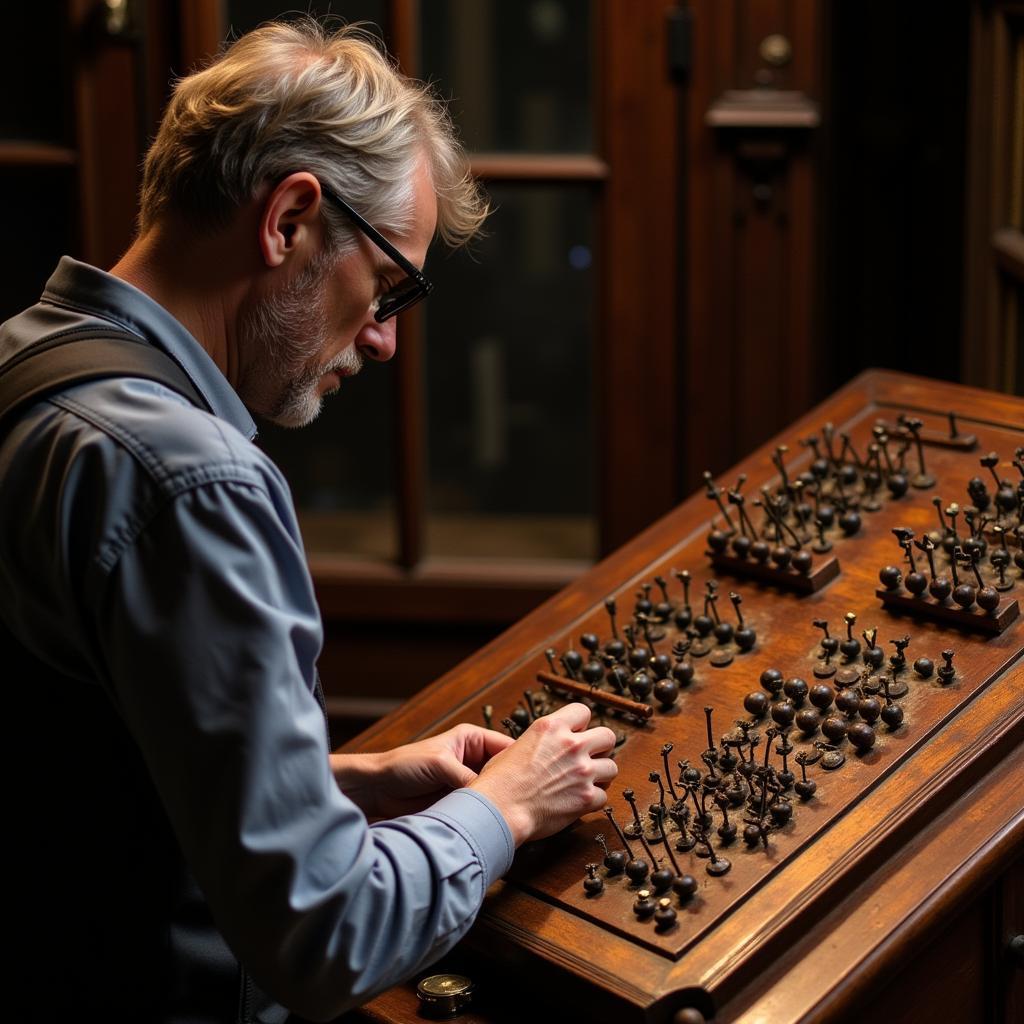 A collector examining an antique virginal