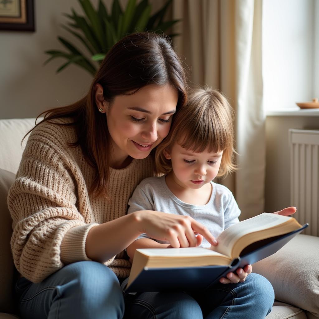 Mother and child sharing a book, learning life lessons.