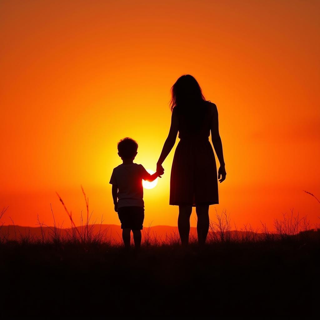 Silhouette of a mother and child against a sunset, symbolizing the enduring legacy of a mother's love.