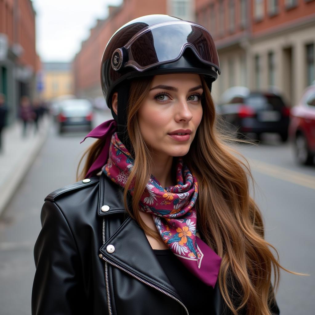 Woman wearing a silk scarf as a motorcycle head wrap