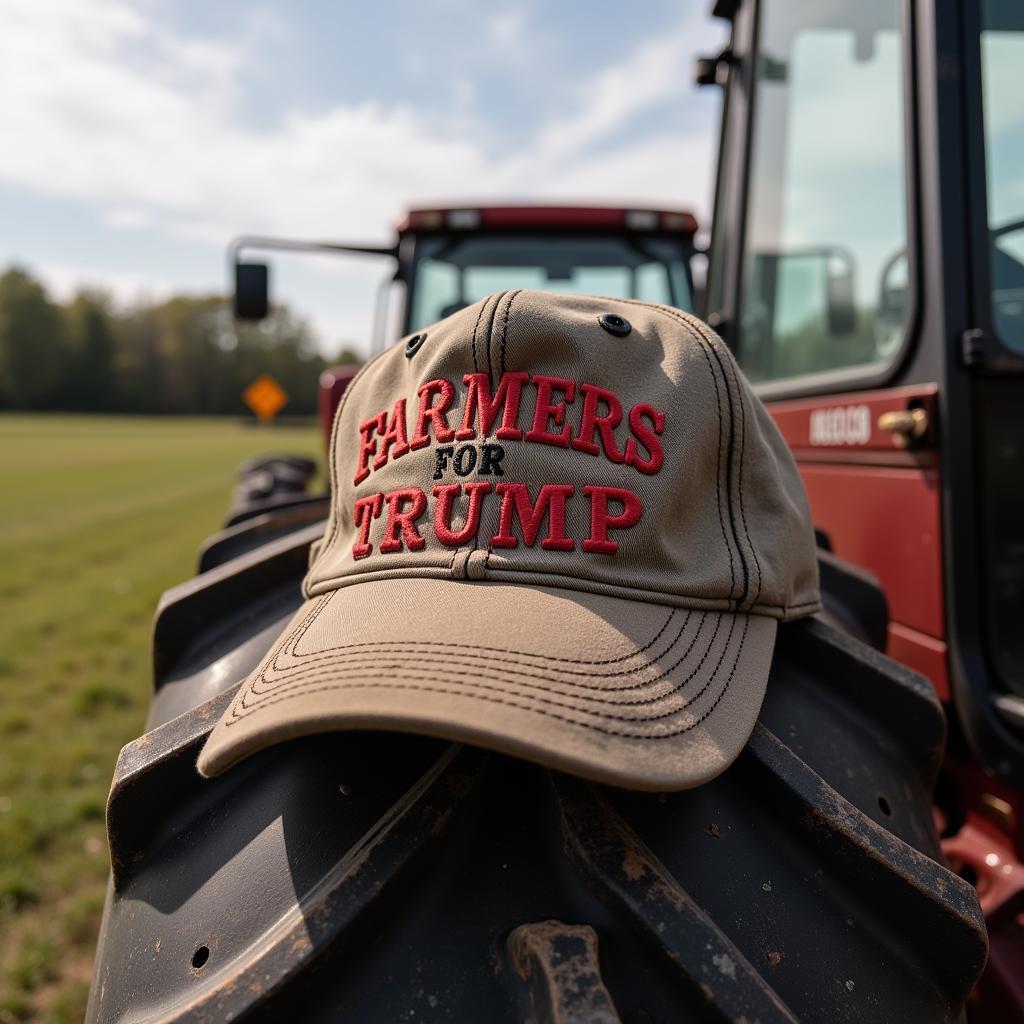 A "Farmers for Trump" hat resting on a tractor tire