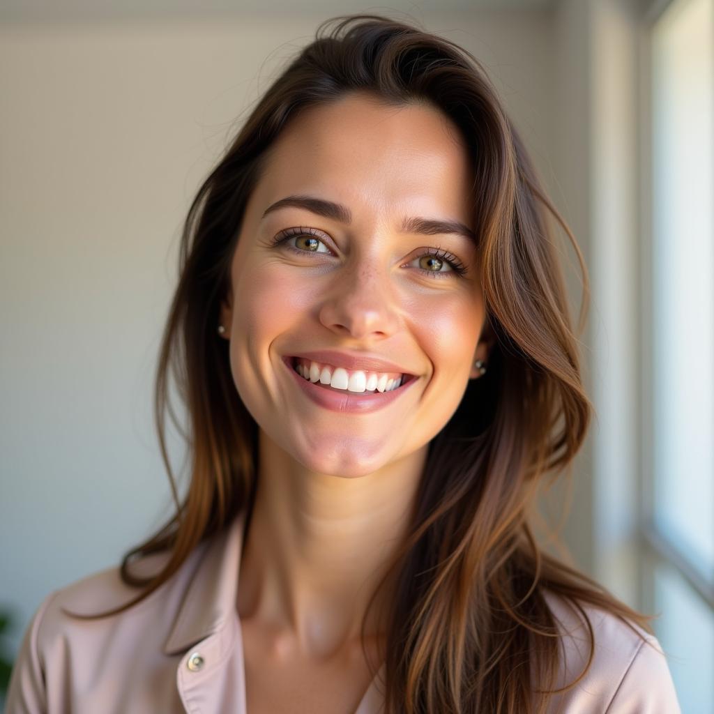 Mujer sonriendo con confianza después de encontrar un proveedor de pellets hormonales