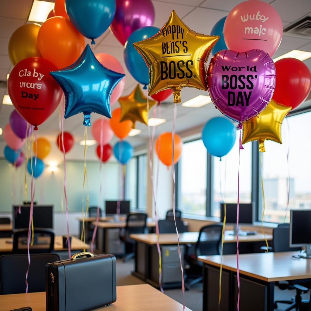 Balloons decorating an office for National Boss Day