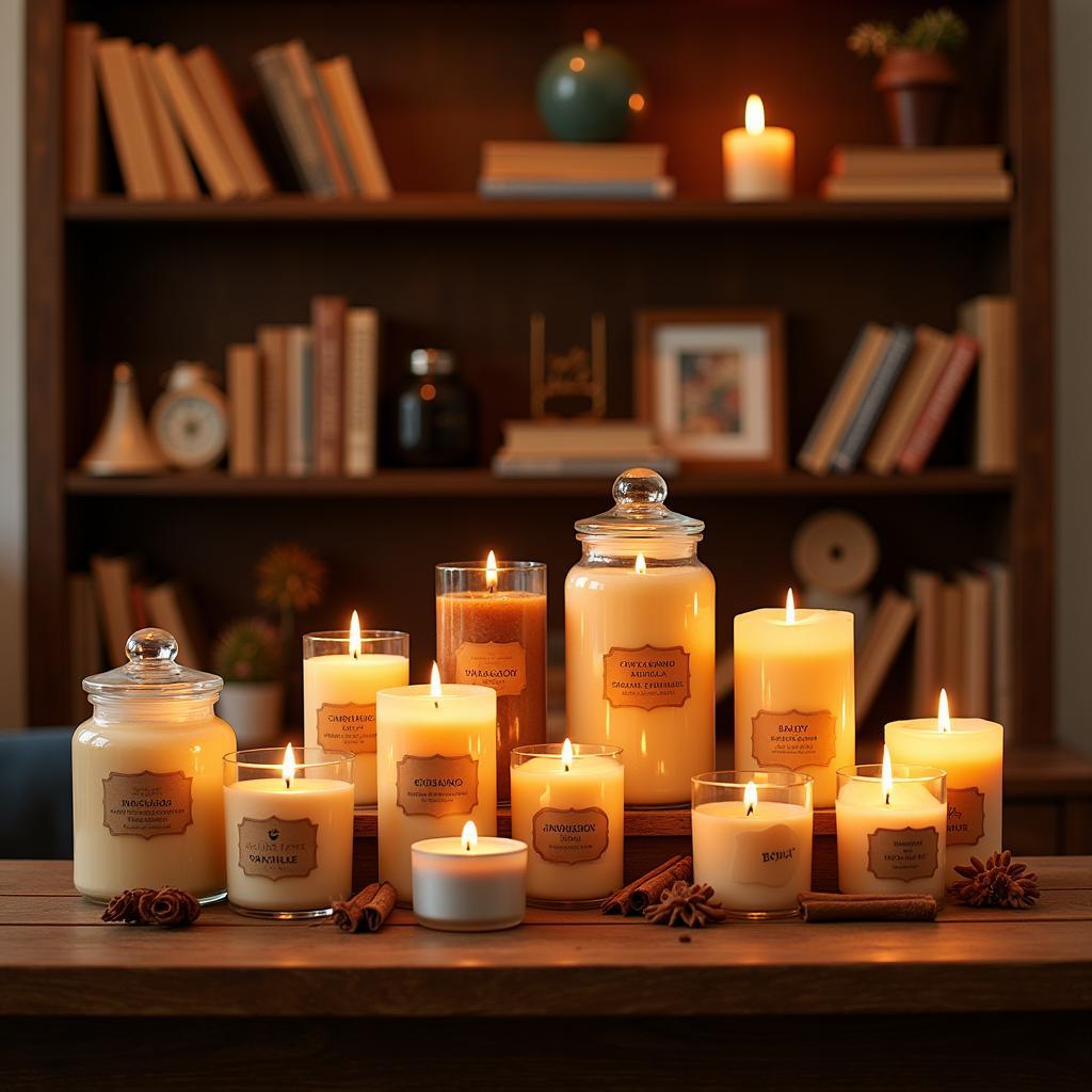 A variety of cinnamon spiced vanilla candles in different sizes and styles