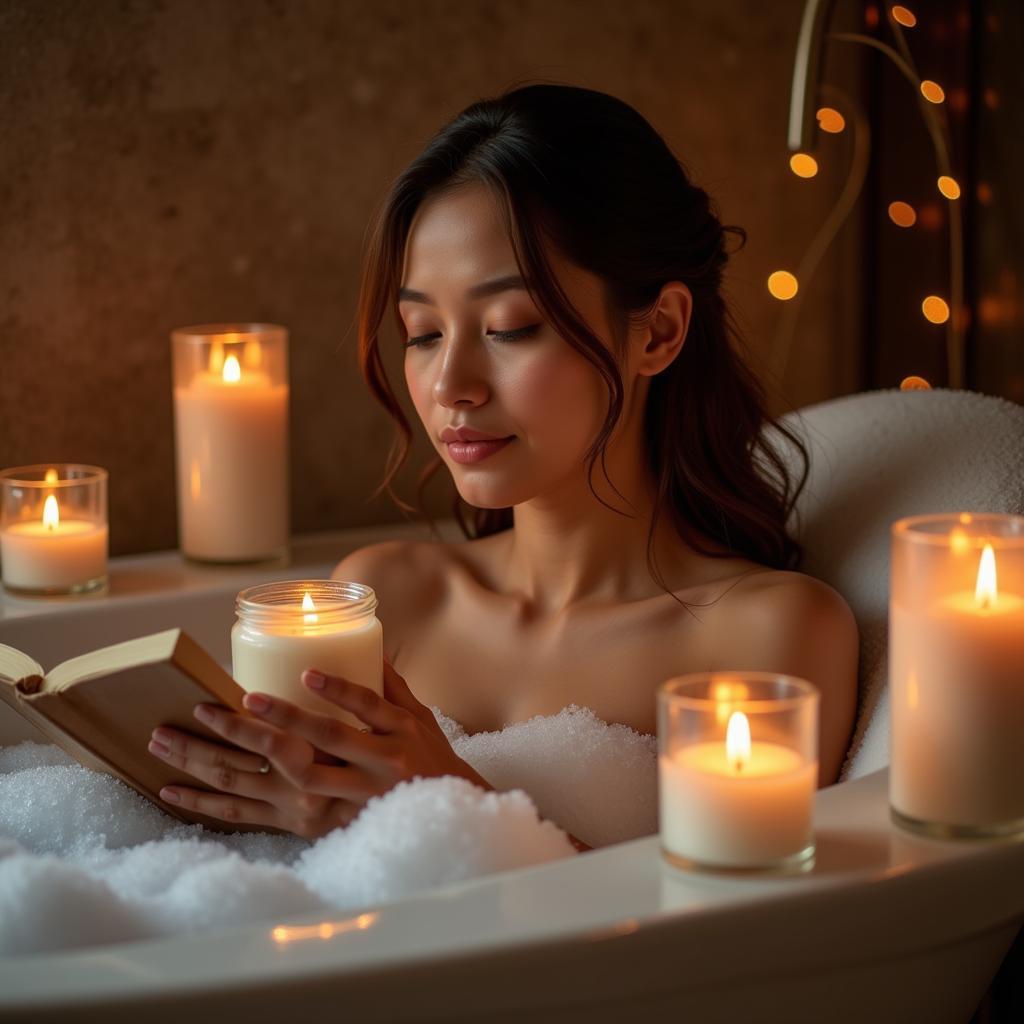 A woman enjoying the scent of a cinnamon spiced vanilla candle in a bathtub