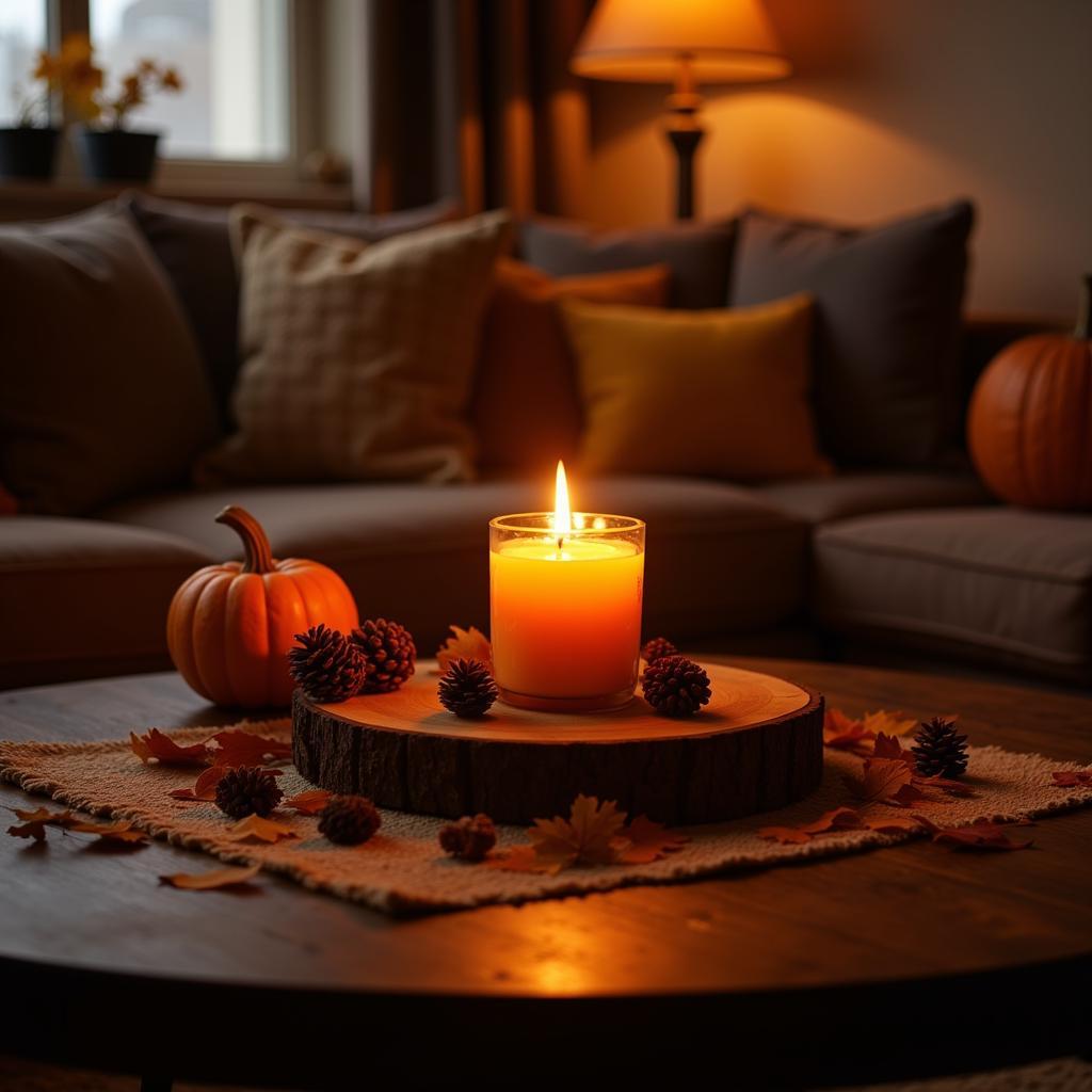 Cinnamon spiced vanilla candle burning in a cozy living room