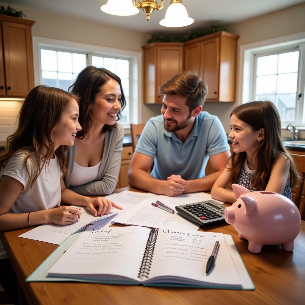 Family budget on a table with calculator and pen