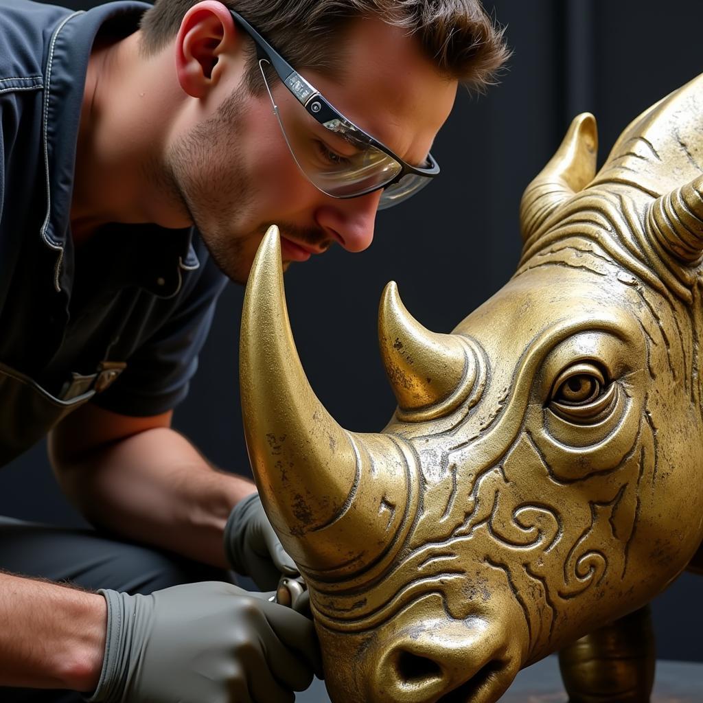 Nghệ nhân đang chạm khắc tê giác đồng Brass Rhinoceros