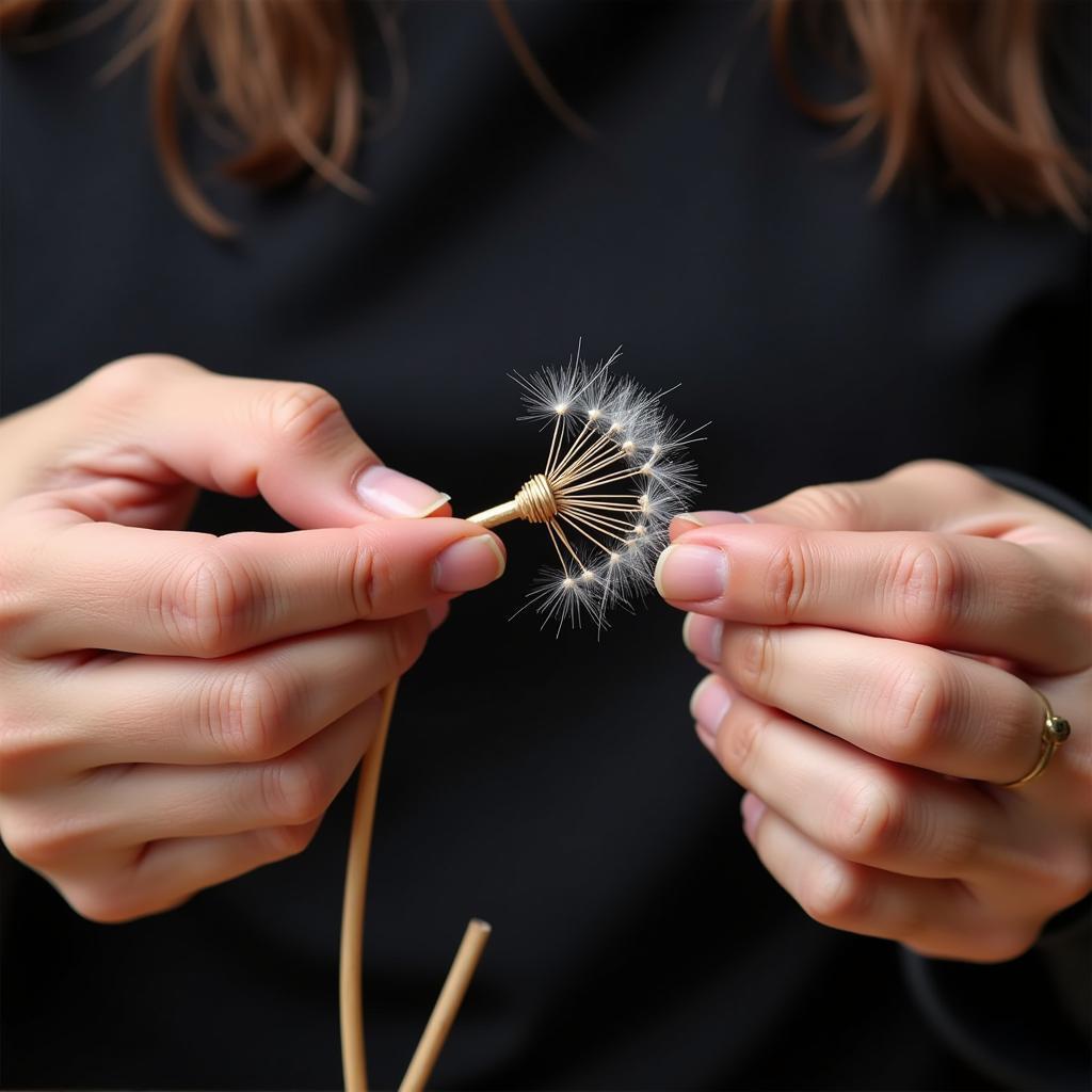 Skilled artisan shaping a wire dandelion sculpture