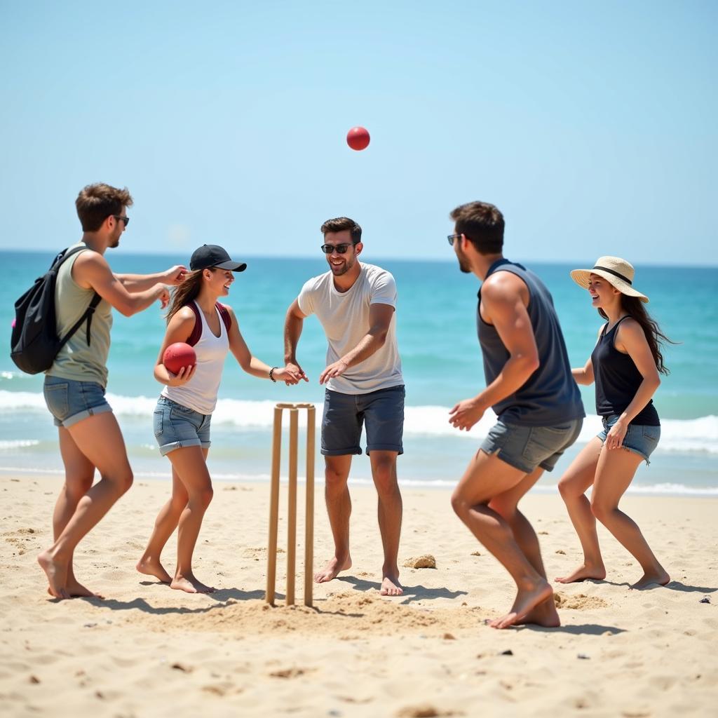 Người chơi air ball cricket vui vẻ trên bãi biển