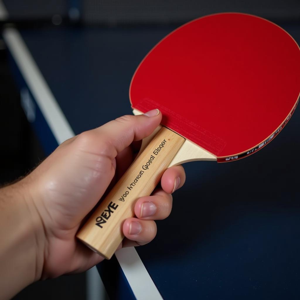 Close-up of a player's hand holding a personalized table tennis paddle