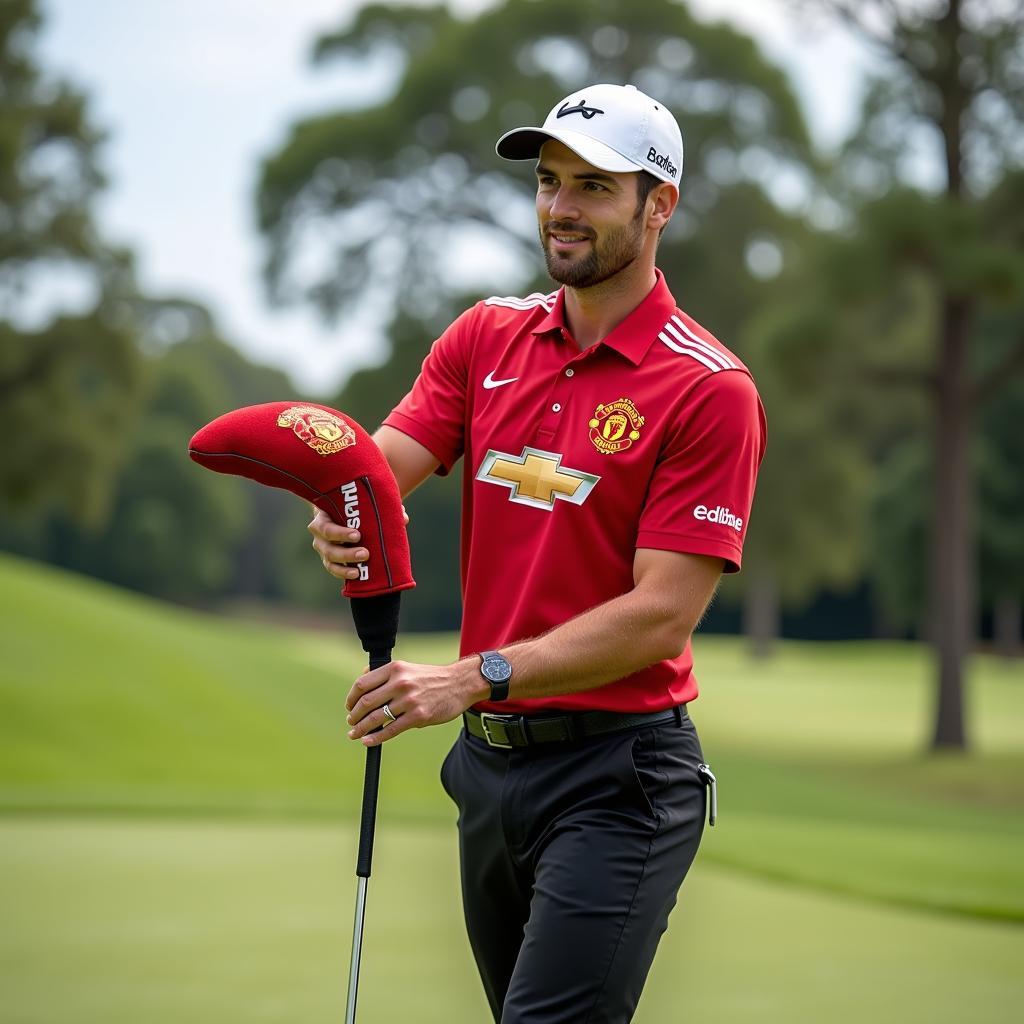 Golfer using Manchester United head cover