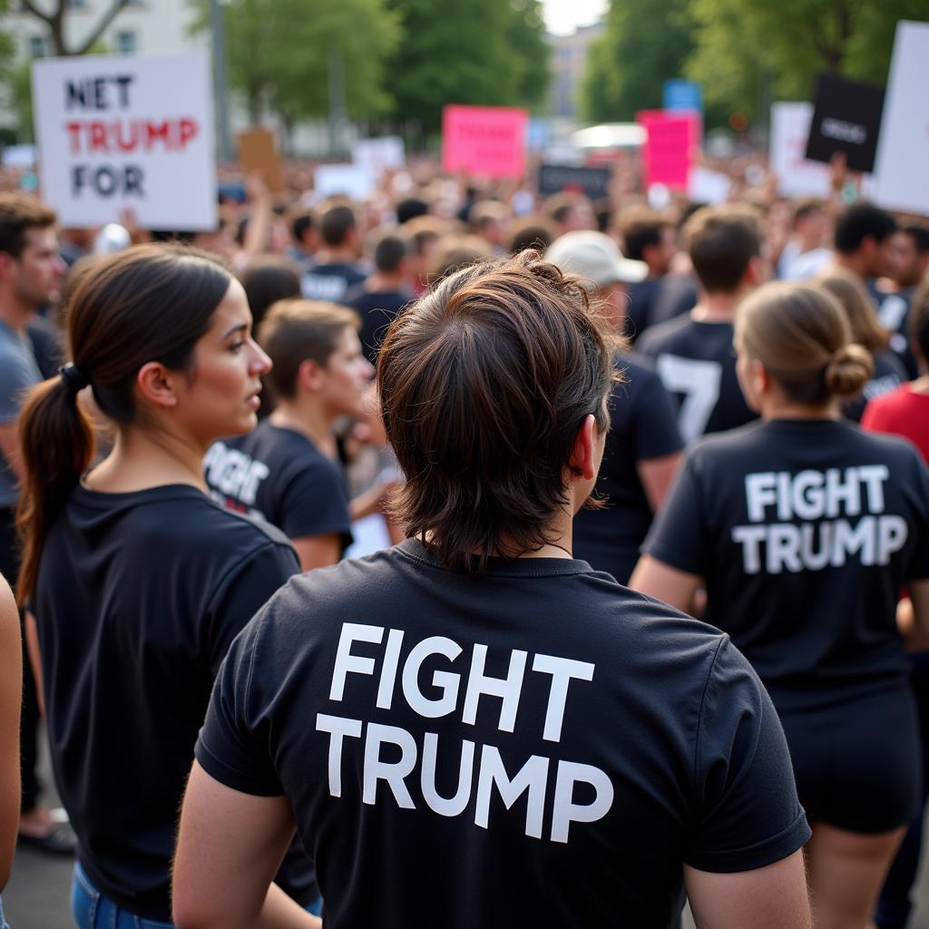 Người dân tập trung biểu tình, trên áo in dòng chữ "Fight Trump"